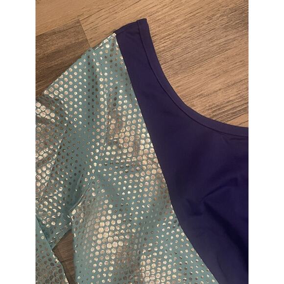 Rainbeau Girls' Moves Blocked Asymmetrical 3/4 Sleeve Leotard Blue Teal Mermaid - Picture 2 of 4